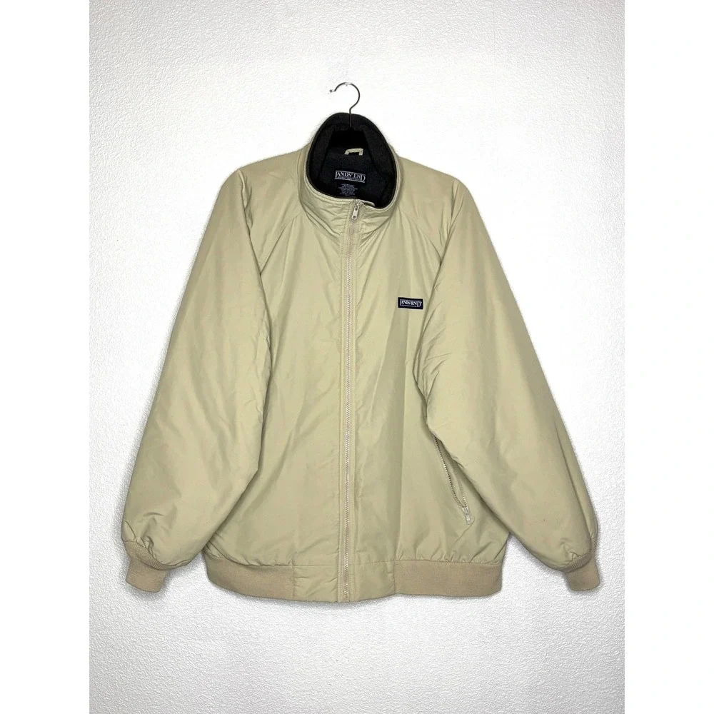 Lands End Men's XL‎ Bomber Jacket Coat Reg Beige Fleece Lined Zip Up 80's